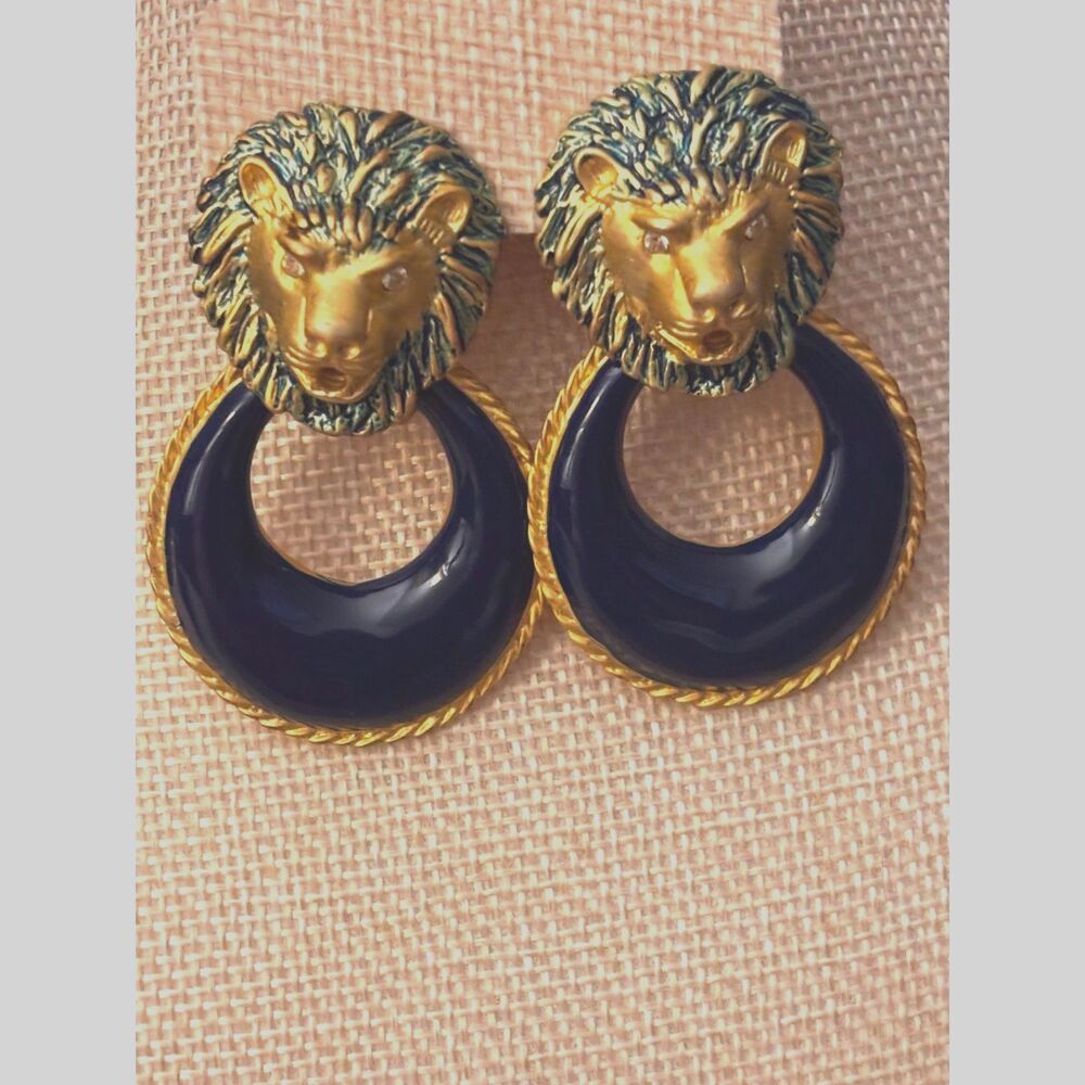 Vintage 1980s Lion Head Earrings Gold-Tone and Navy Enamel Clip-Ons
